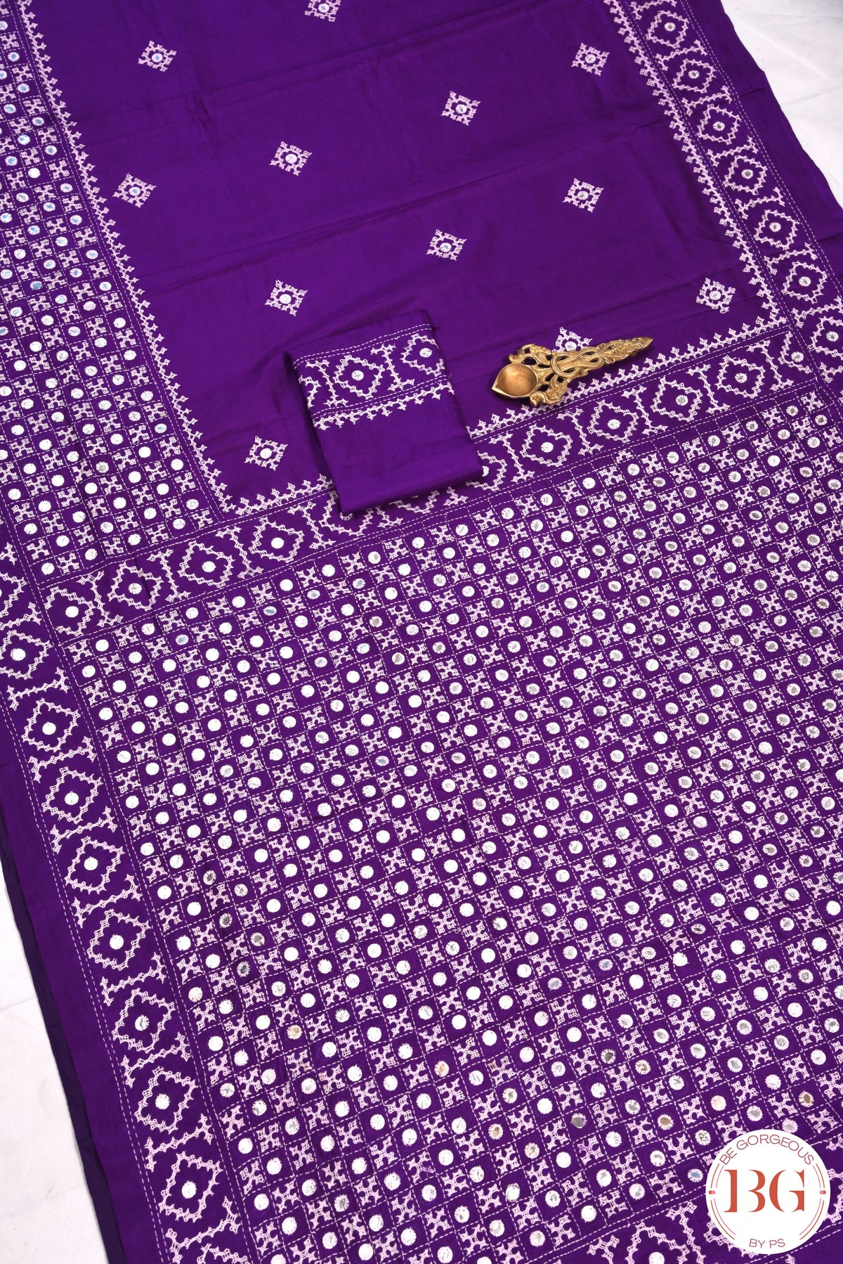 Kutch Stitch Saree with mirror work on Bangalore Silk - Purple with White