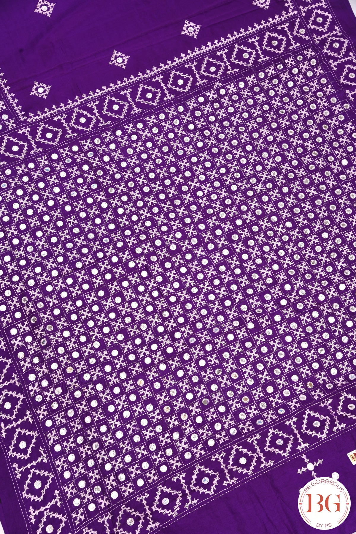 Kutch Stitch Saree with mirror work on Bangalore Silk - Purple with White