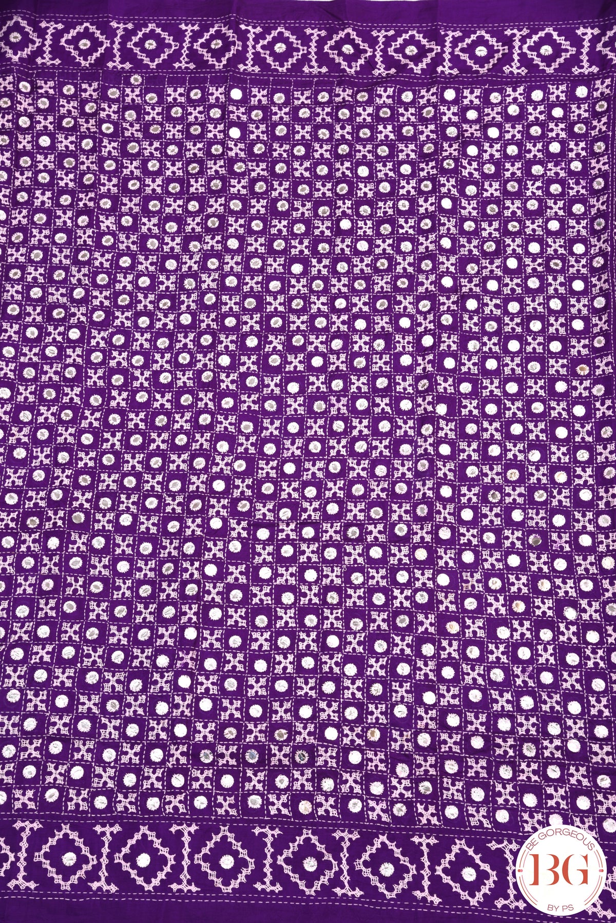 Kutch Stitch Saree with mirror work on Bangalore Silk - Purple with White