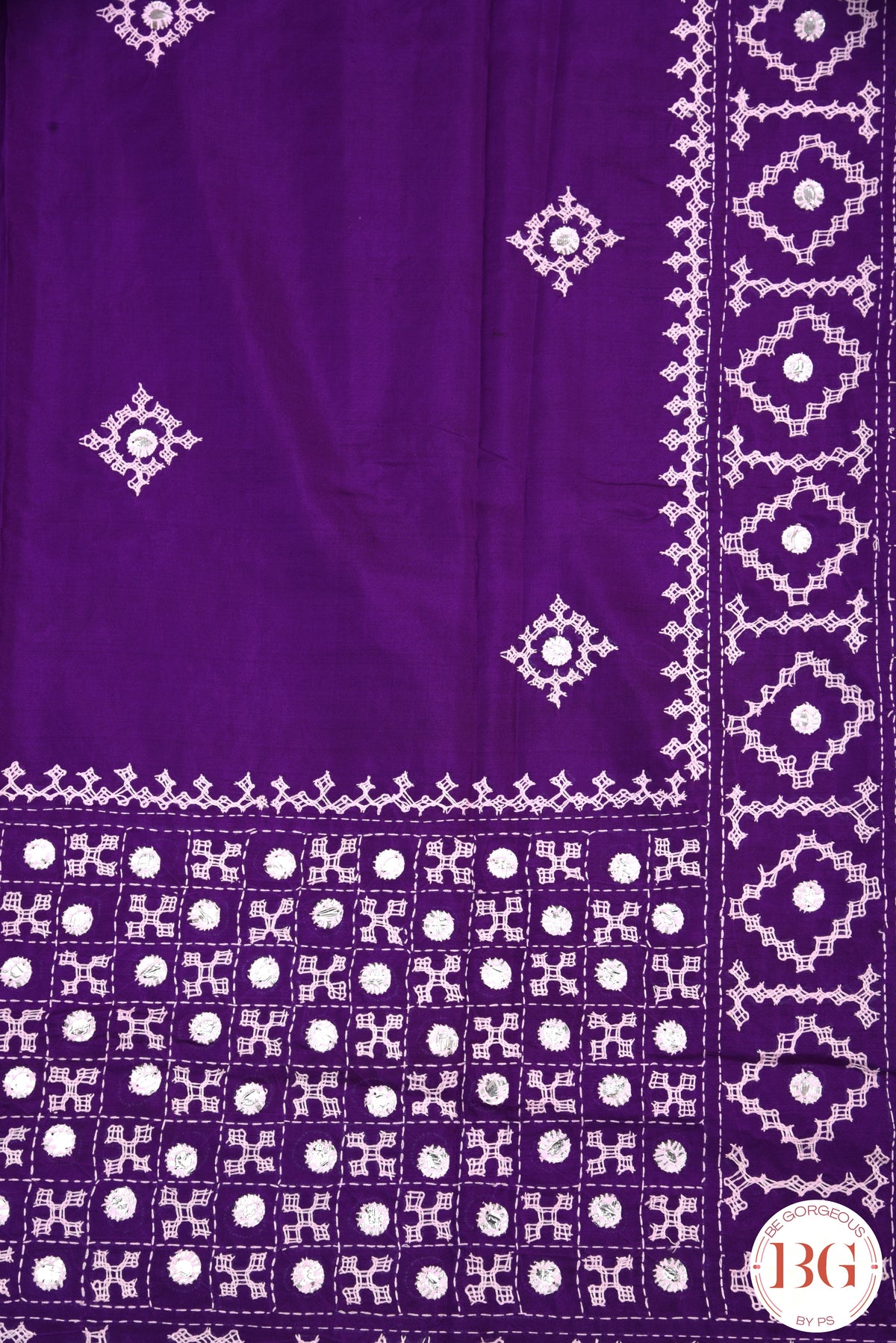 Kutch Stitch Saree with mirror work on Bangalore Silk - Purple with White