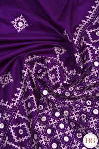 Kutch Stitch Saree with mirror work on Bangalore Silk - Purple with White