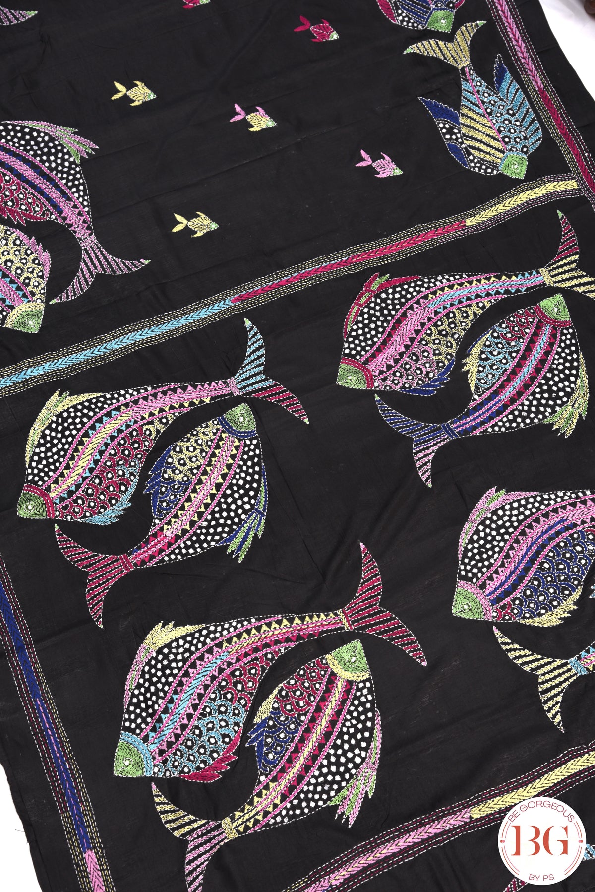 Kantha Stitch Saree on Bangalore Silk with fish motifs - Black