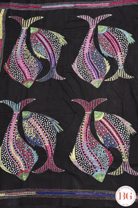 Kantha Stitch Saree on Bangalore Silk with fish motifs - Black