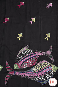 Kantha Stitch Saree on Bangalore Silk with fish motifs - Black