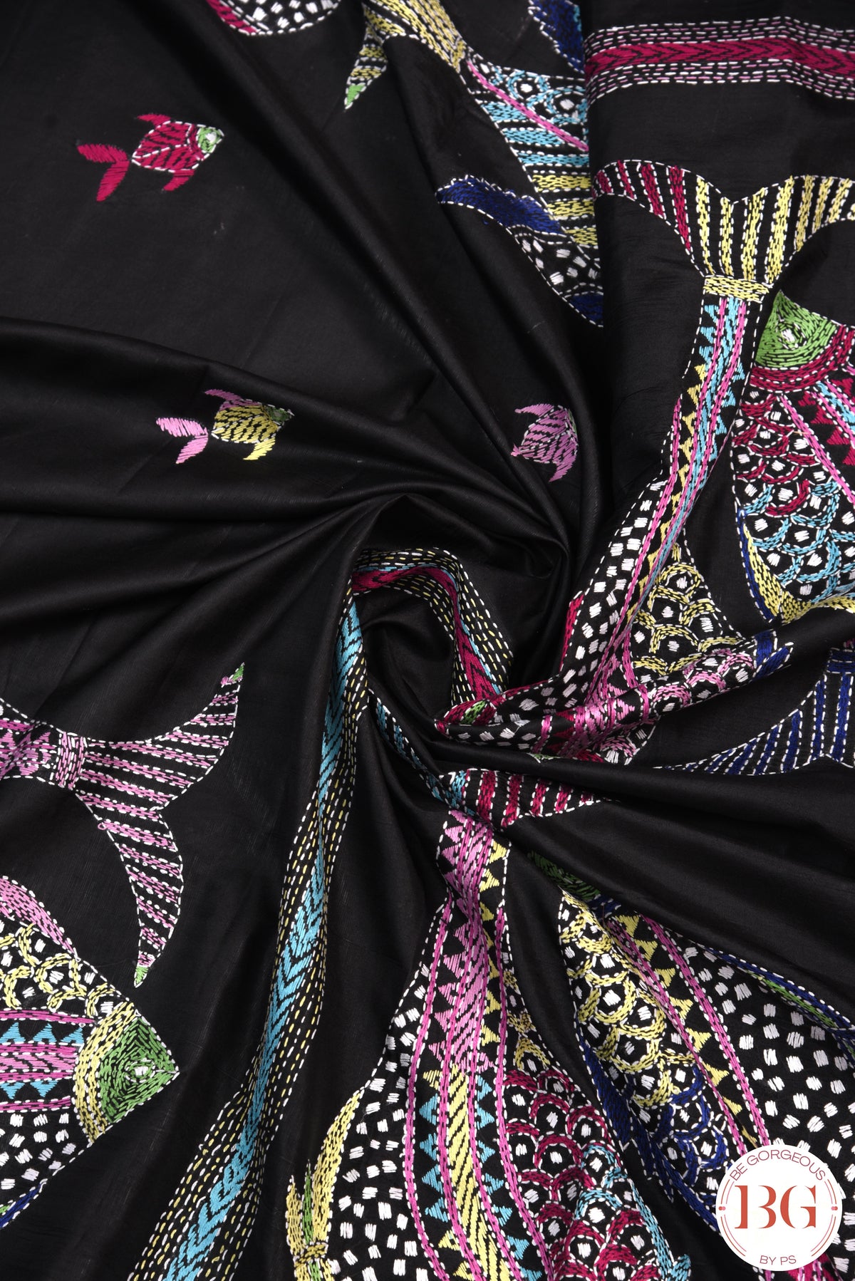 Kantha Stitch Saree on Bangalore Silk with fish motifs - Black