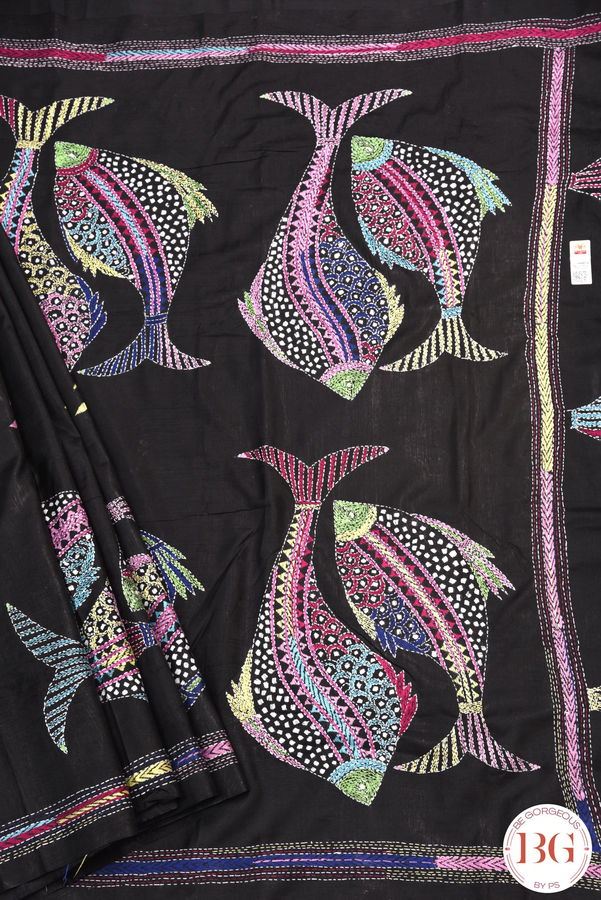 Kantha Stitch Saree on Bangalore Silk with fish motifs - Black