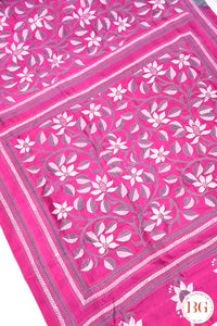 Kantha Stitch Saree on Bangalore Silk - Pink with grey and white