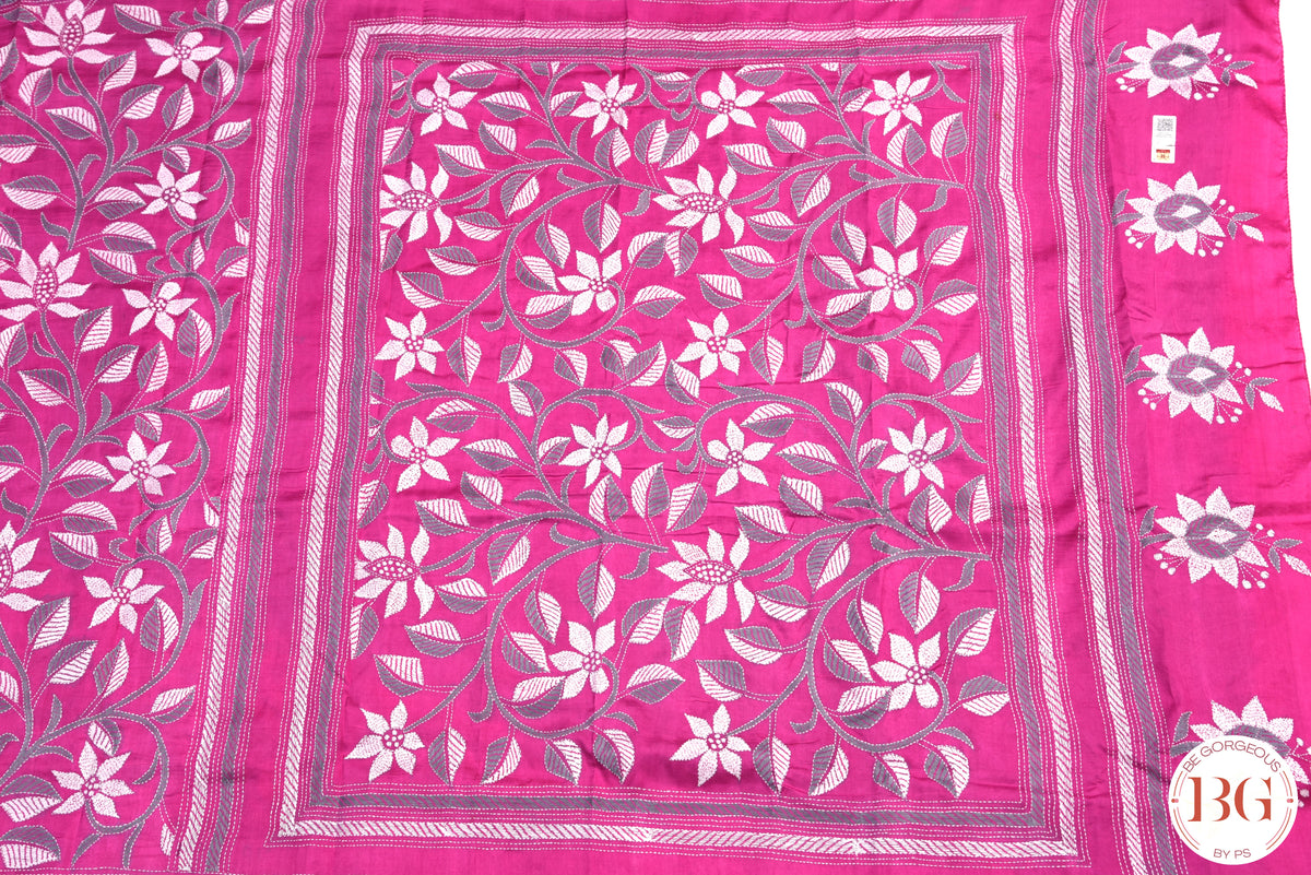 Kantha Stitch Saree on Bangalore Silk - Pink with grey and white