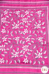 Kantha Stitch Saree on Bangalore Silk - Pink with grey and white