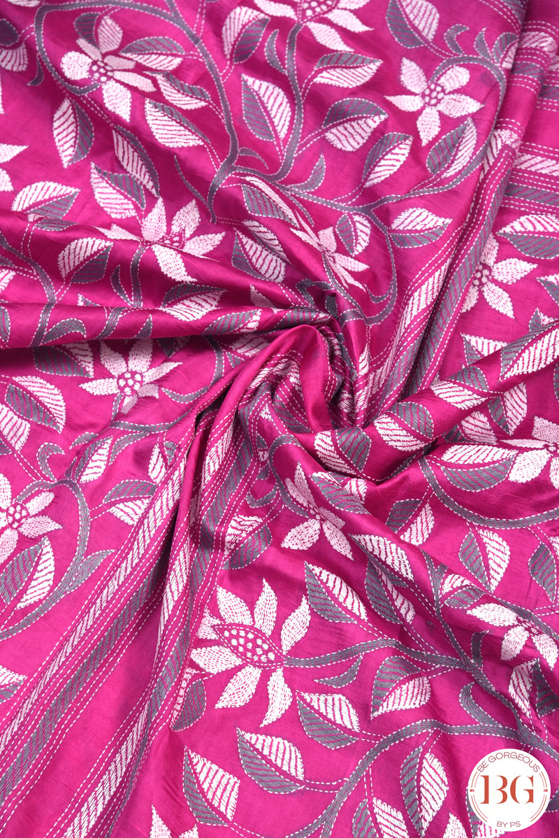 Kantha Stitch Saree on Bangalore Silk - Pink with grey and white