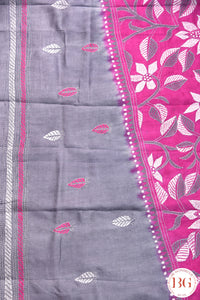 Kantha Stitch Saree on Bangalore Silk - Pink with grey and white