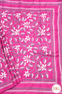 Kantha Stitch Saree on Bangalore Silk - Pink with grey and white