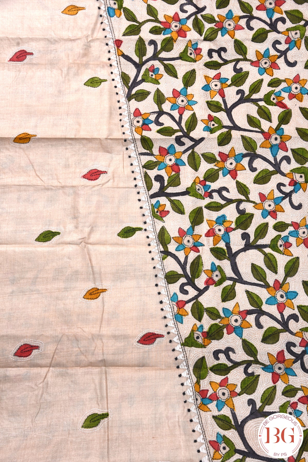 Kantha Stitch Saree on tussar silk - Beige with multicolor