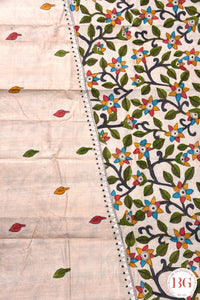 Kantha Stitch Saree on tussar silk - Beige with multicolor