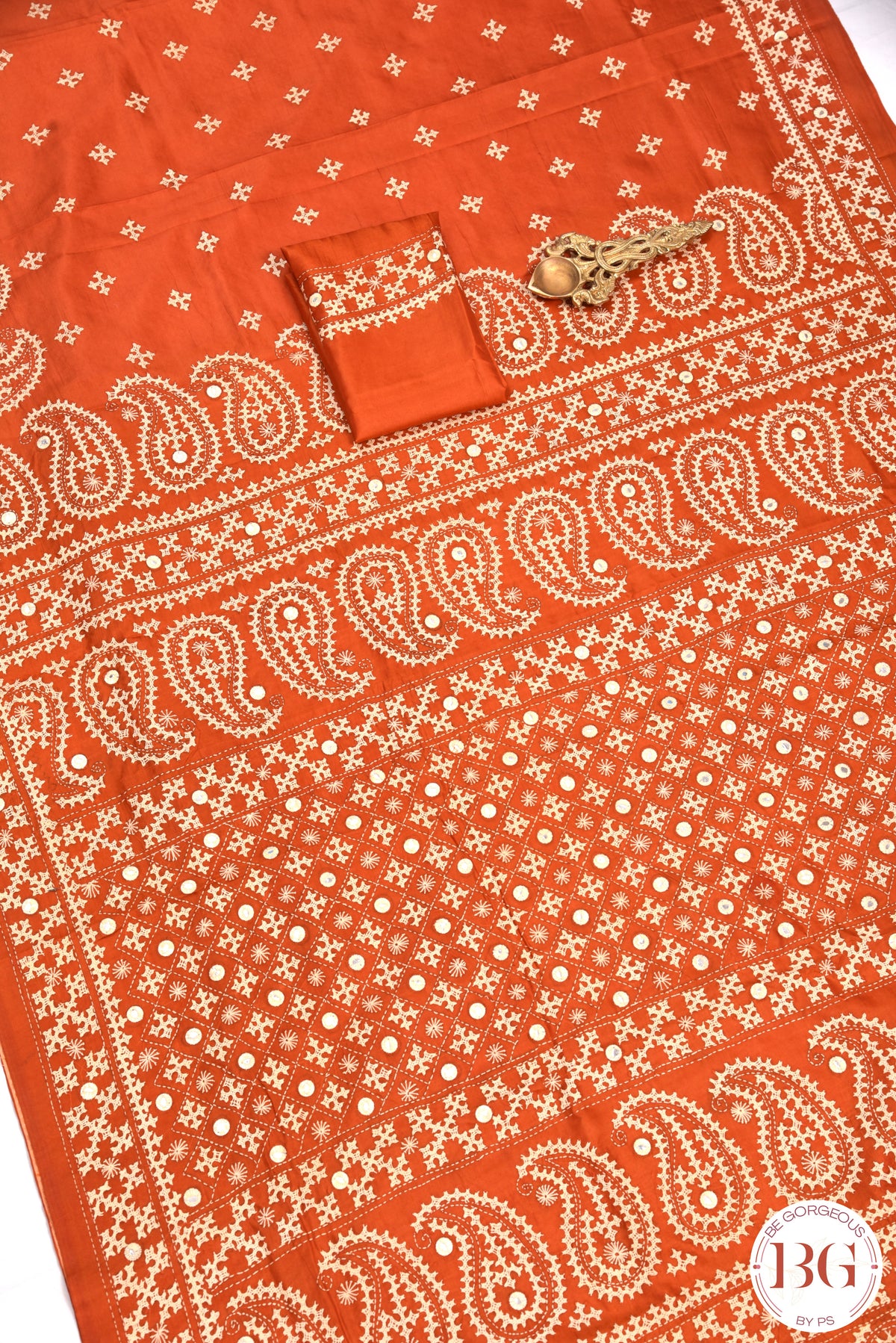 Kutch Stitch Saree with mirror work on Bangalore Silk - Orange with White