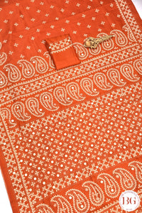 Kutch Stitch Saree with mirror work on Bangalore Silk - Orange with White