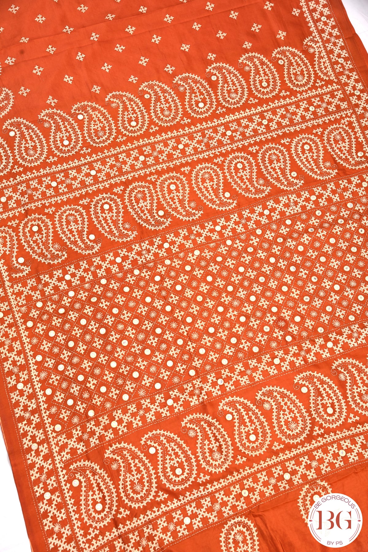 Kutch Stitch Saree with mirror work on Bangalore Silk - Orange with White