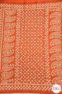 Kutch Stitch Saree with mirror work on Bangalore Silk - Orange with White