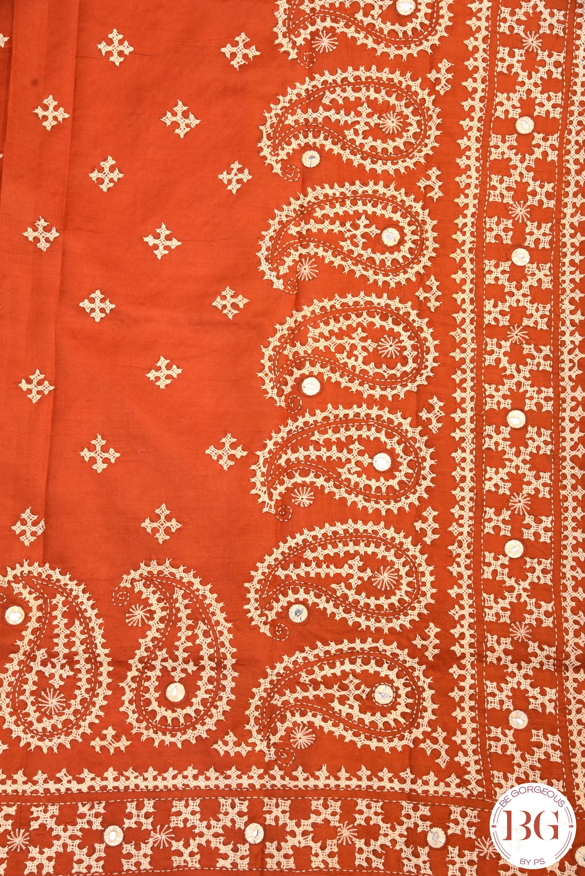 Kutch Stitch Saree with mirror work on Bangalore Silk - Orange with White