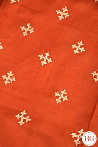 Kutch Stitch Saree with mirror work on Bangalore Silk - Orange with White