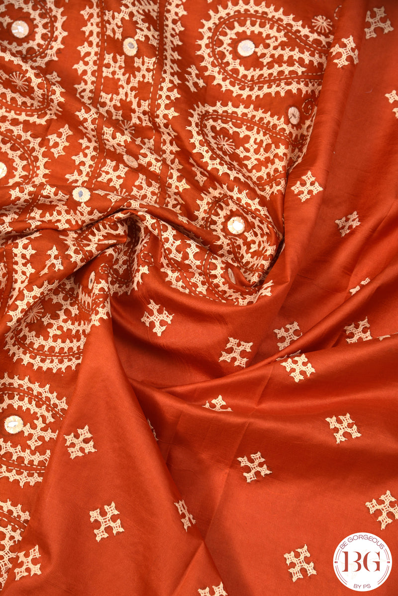 Kutch Stitch Saree with mirror work on Bangalore Silk - Orange with White