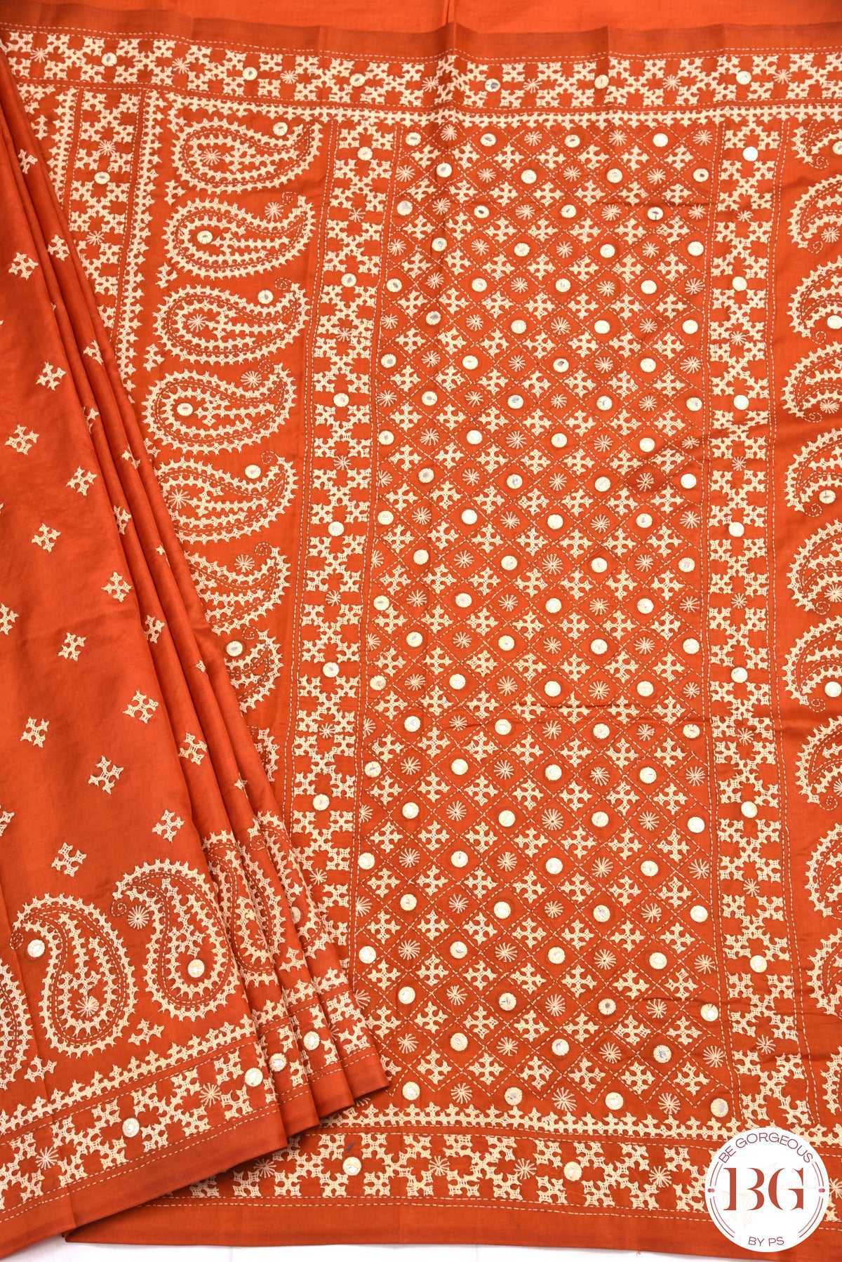 Kutch Stitch Saree with mirror work on Bangalore Silk - Orange with White