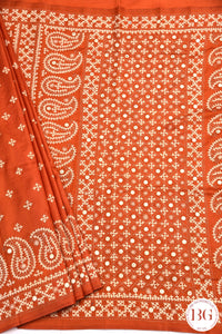 Kutch Stitch Saree with mirror work on Bangalore Silk - Orange with White