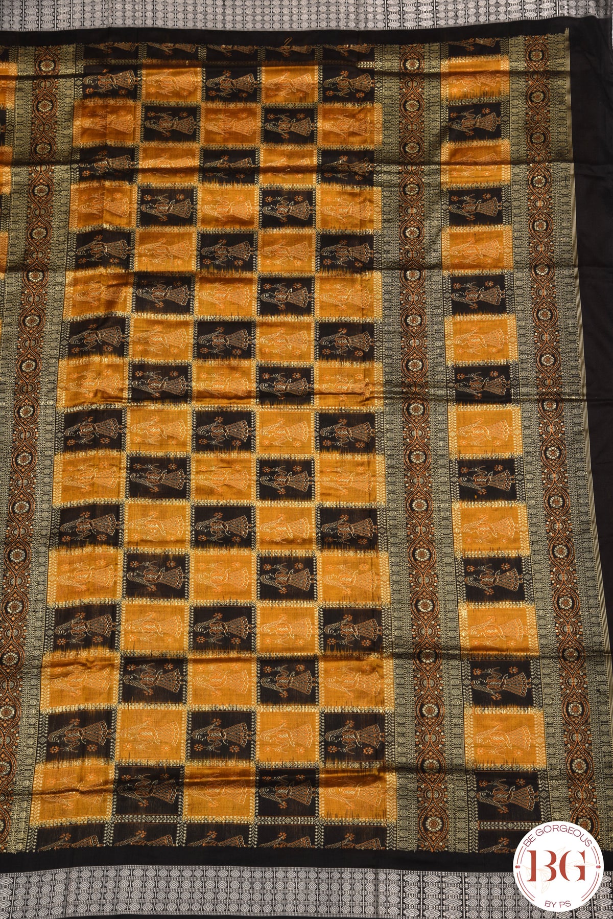 Pure Sambalapuri Bomkai Patta silk odisha handloom saree - Yellow Black