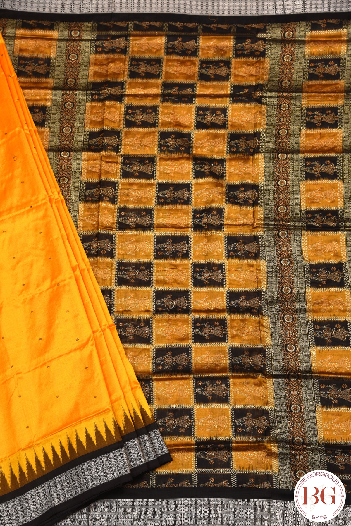 Pure Sambalapuri Bomkai Patta silk odisha handloom saree - Yellow Black