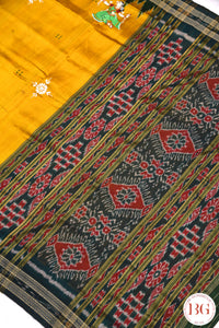 Minibuti temple border Khandua Silk odisha handloom Saree with pattachitra painting - yellow green