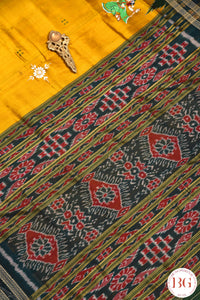 Minibuti temple border Khandua Silk odisha handloom Saree with pattachitra painting - yellow green