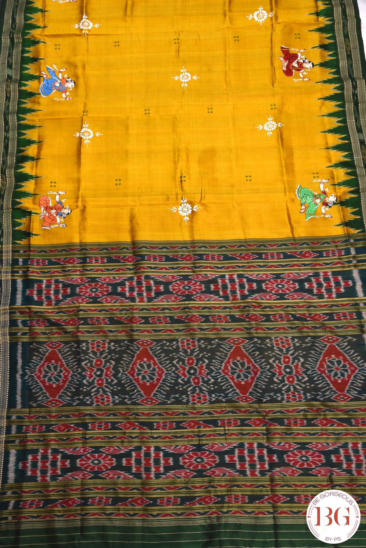 Minibuti temple border Khandua Silk odisha handloom Saree with pattachitra painting - yellow green