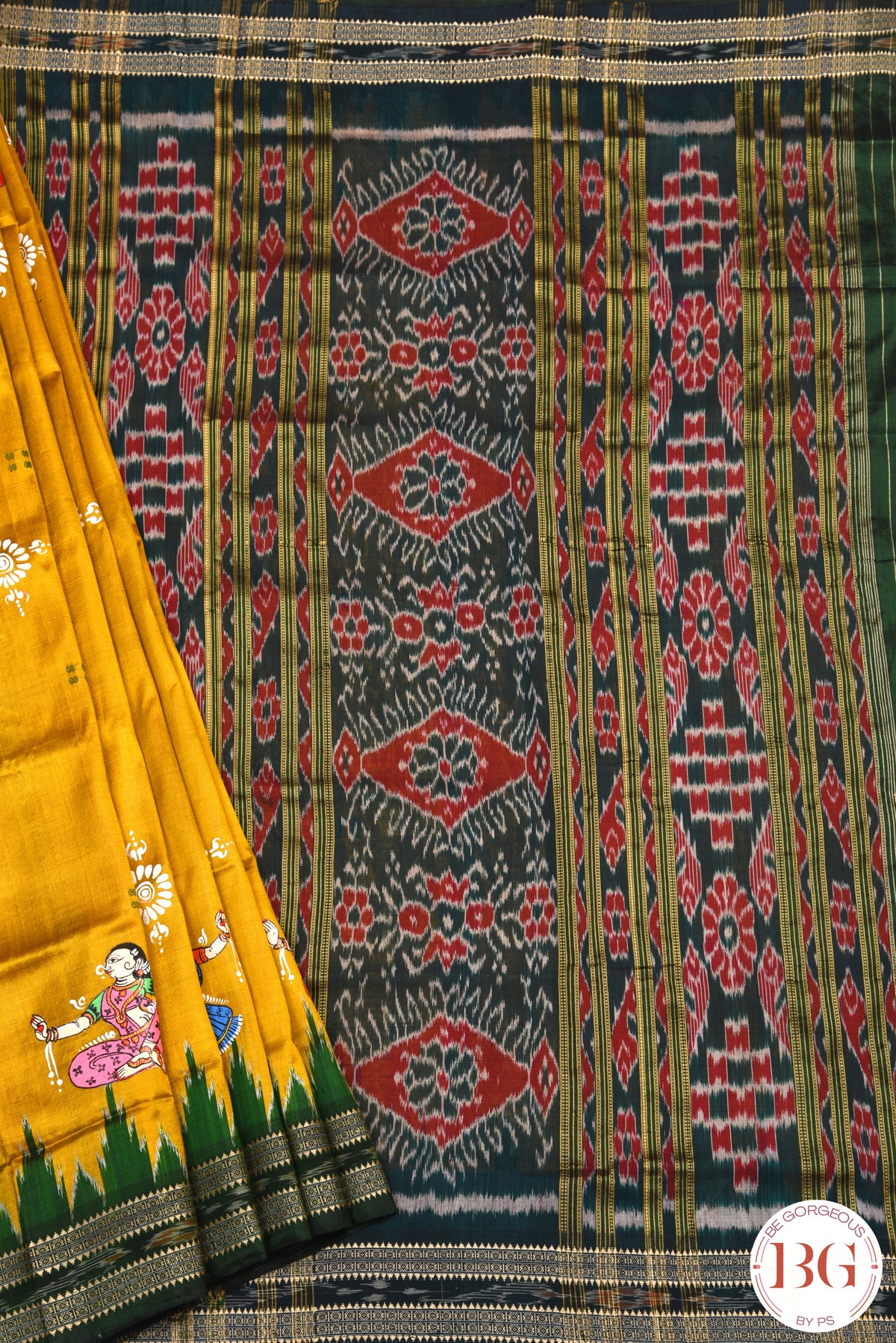 Minibuti temple border Khandua Silk odisha handloom Saree with pattachitra painting - yellow green