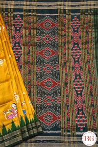 Minibuti temple border Khandua Silk odisha handloom Saree with pattachitra painting - yellow green