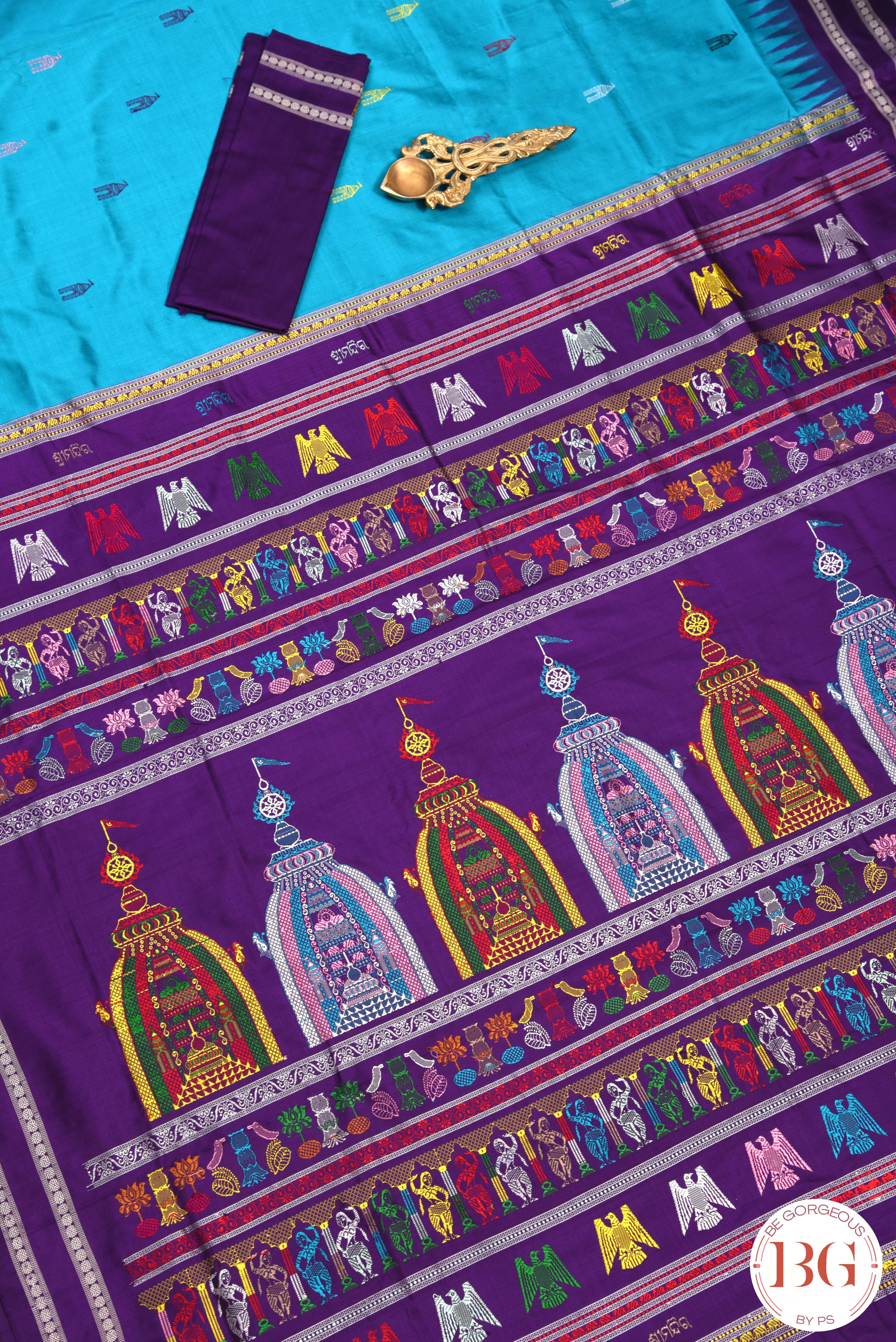 Shree mandir theme sambalpuri pure silk odisha handloom saree - blue purple