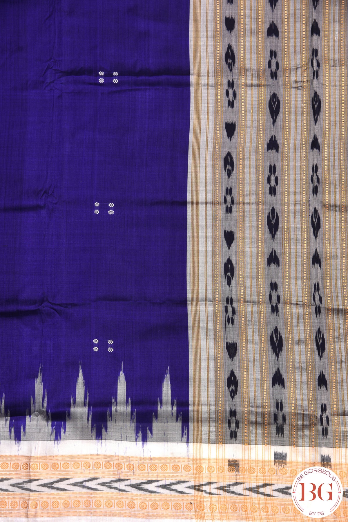 Minibuti temple border Khandua Silk Odisha Handloom Saree - blue white