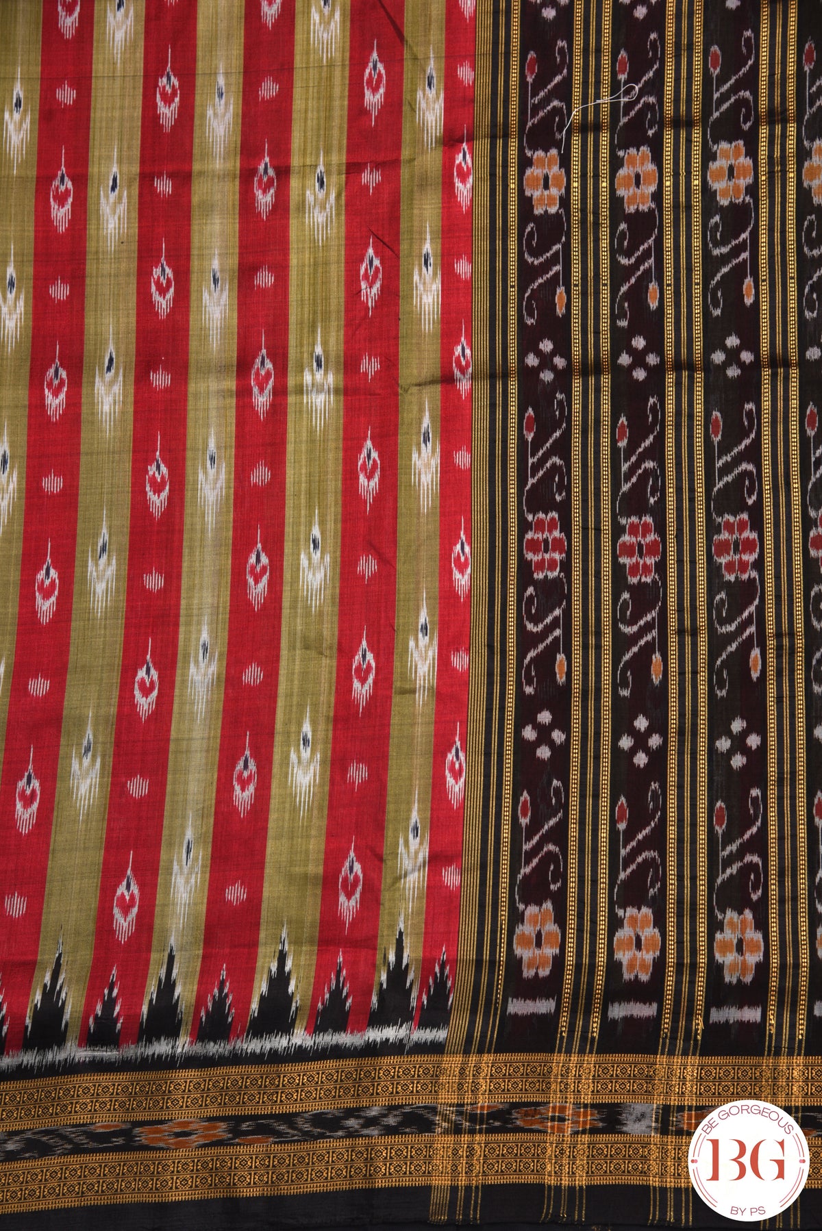 Stripe body chandrika pure khandua silk odisha handloom saree - black red