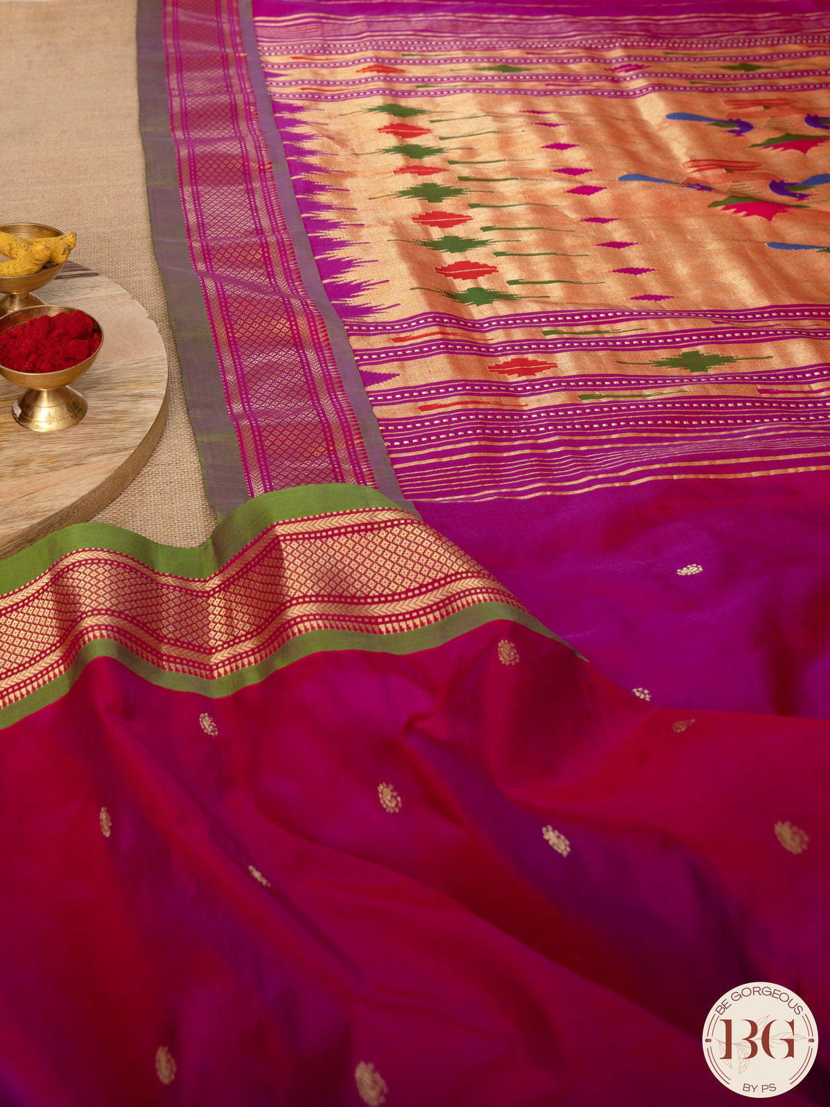 Paithani Pure Silk Handloom Saree - Purple Pink with green