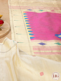 Paithani Pure silk handloom saree with Single muniya - Off White Pink