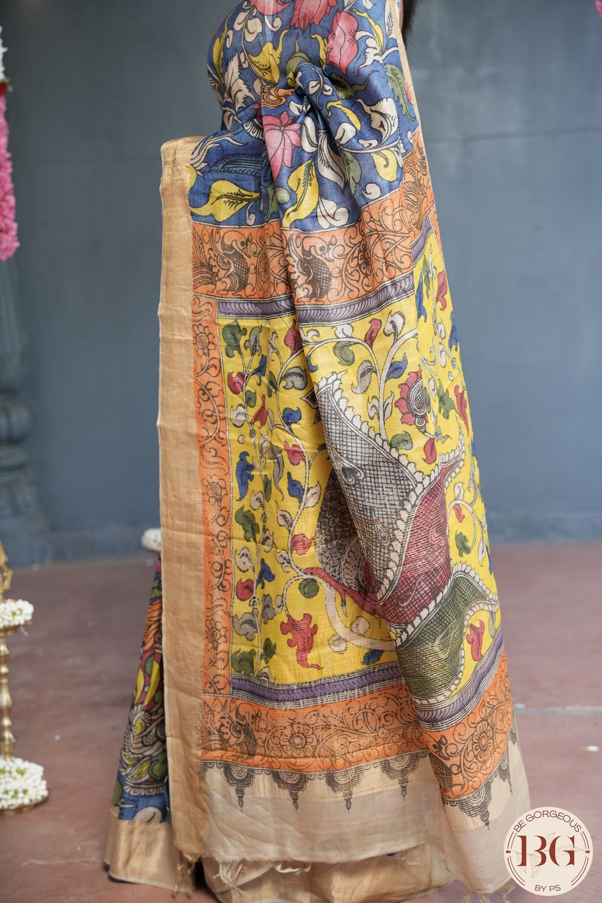 Pen Kalamkari on tussar Silk - blue gold