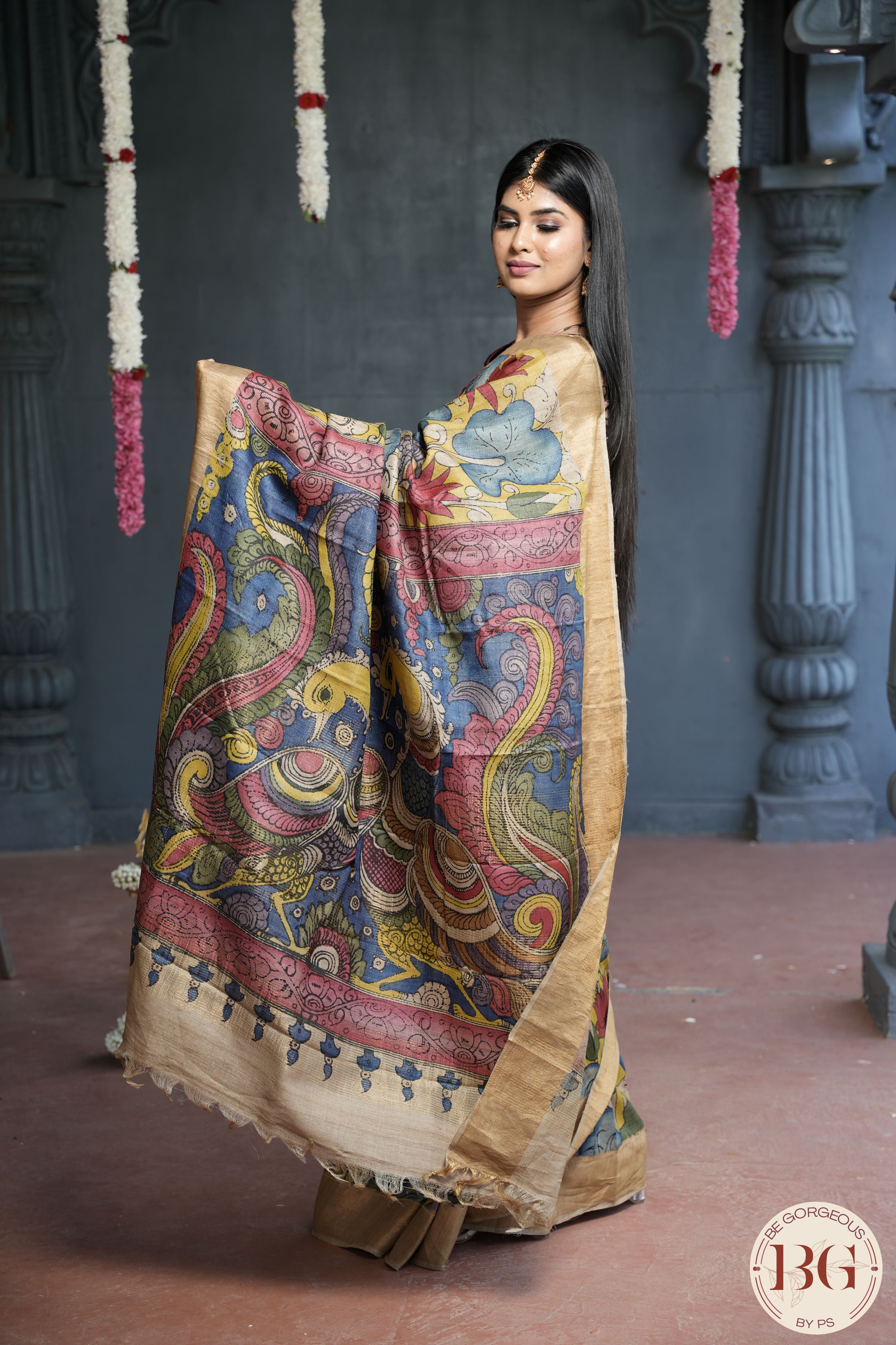 Pen Kalamkari on tussar Silk - yellow gold