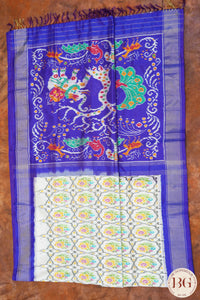 Ikkat Pure silk handloom saree with flower motifs - Off White Blue