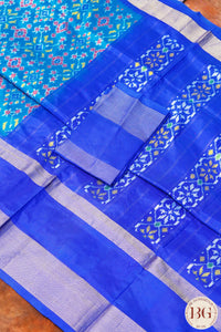 Ikkat Pure silk handloom saree with elephant on border - Blue