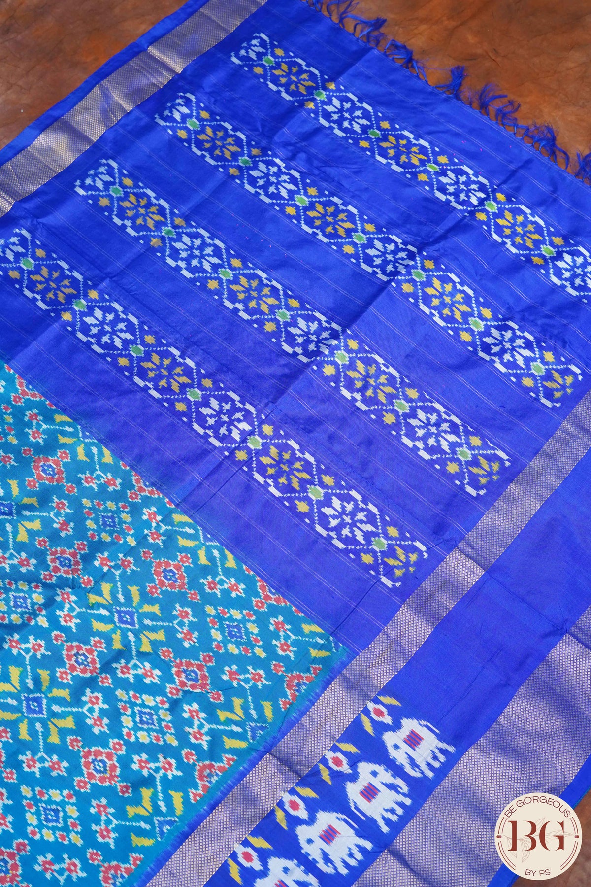 Ikkat Pure silk handloom saree with elephant on border - Blue