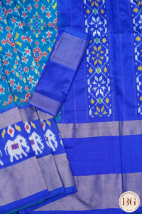 Ikkat Pure silk handloom saree with elephant on border - Blue