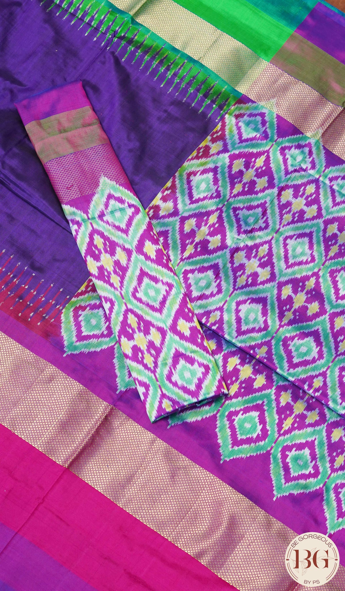 Ikkat Pure silk handloom saree plain body ganga jamuna border - Purple