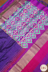 Ikkat Pure silk handloom saree plain body ganga jamuna border - Purple