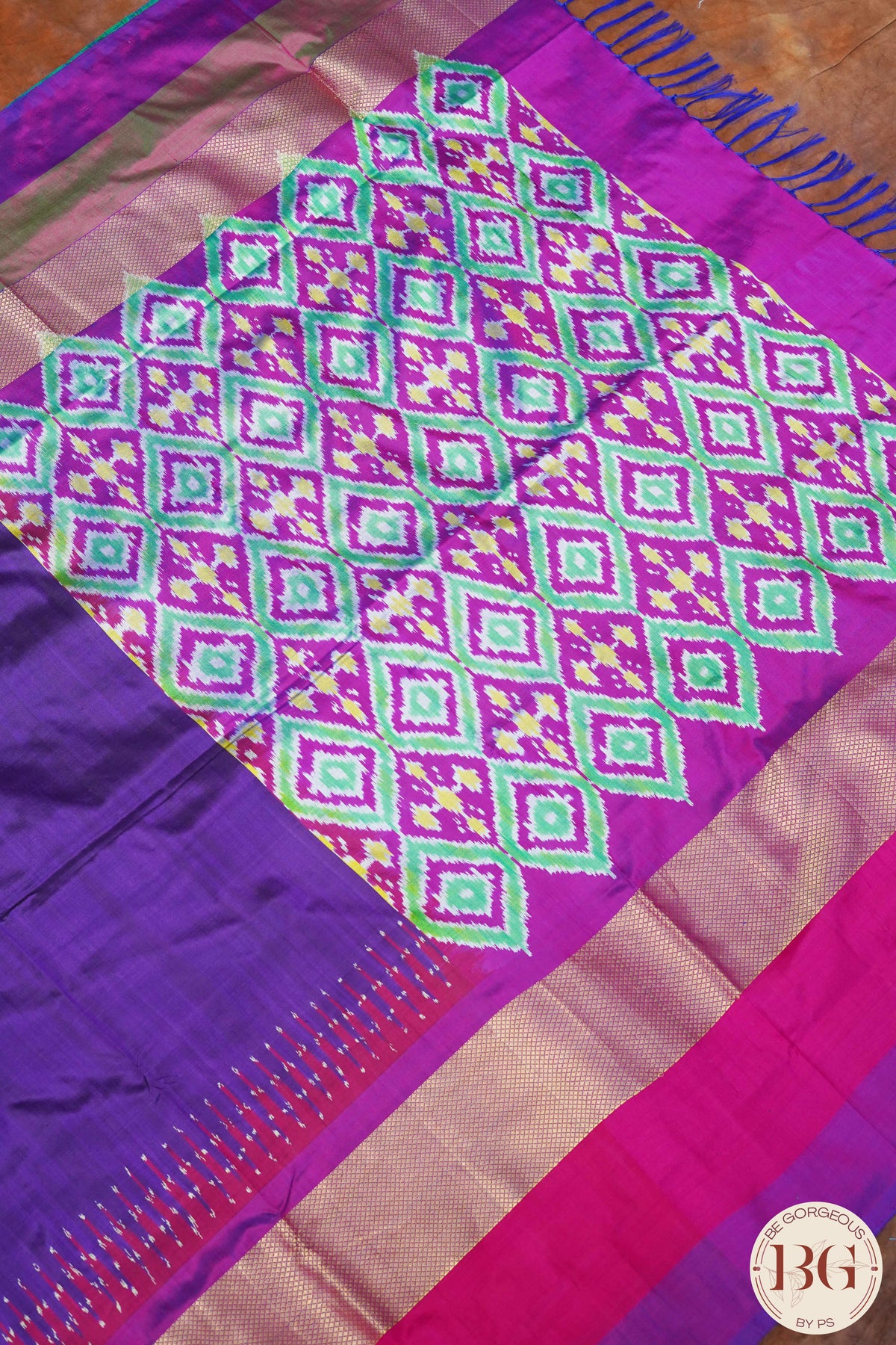 Ikkat Pure silk handloom saree plain body ganga jamuna border - Purple