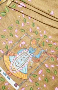 Pichwai handpainted raw silk saree - Golden