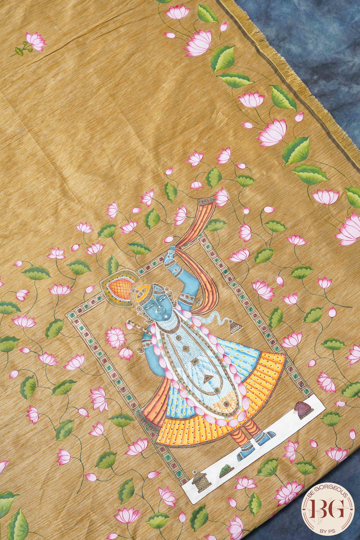 Pichwai handpainted raw silk saree - Golden